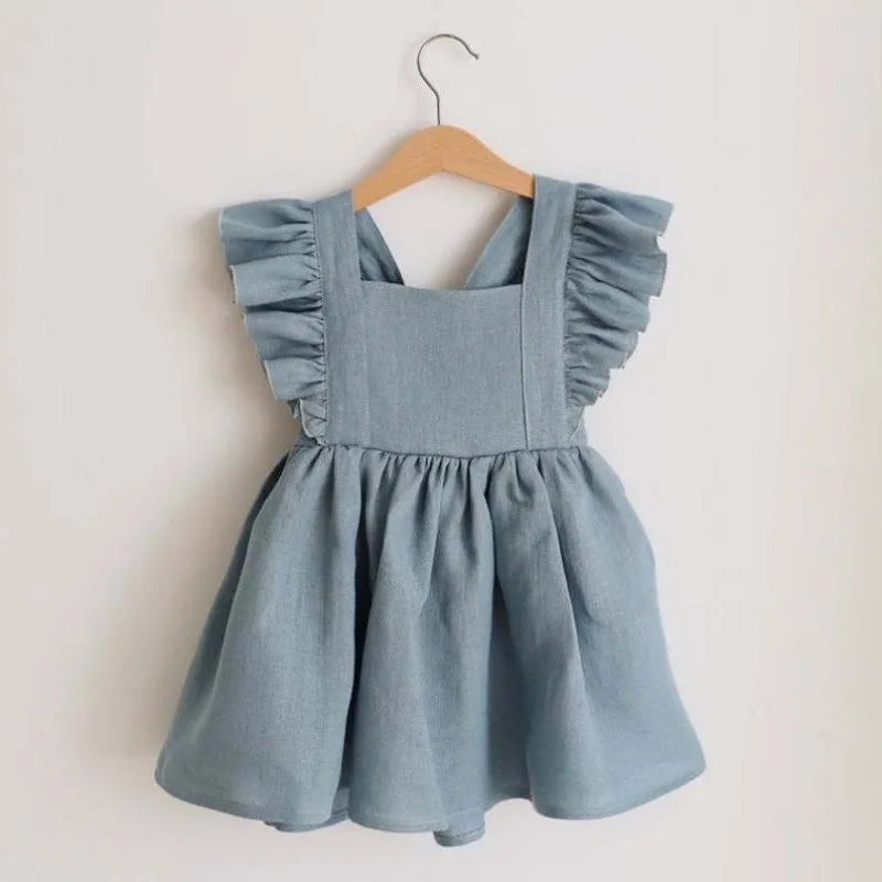 Baby Girl Ruffle Linen Dress | Sleeveless Summer Toddler Dress with Bow