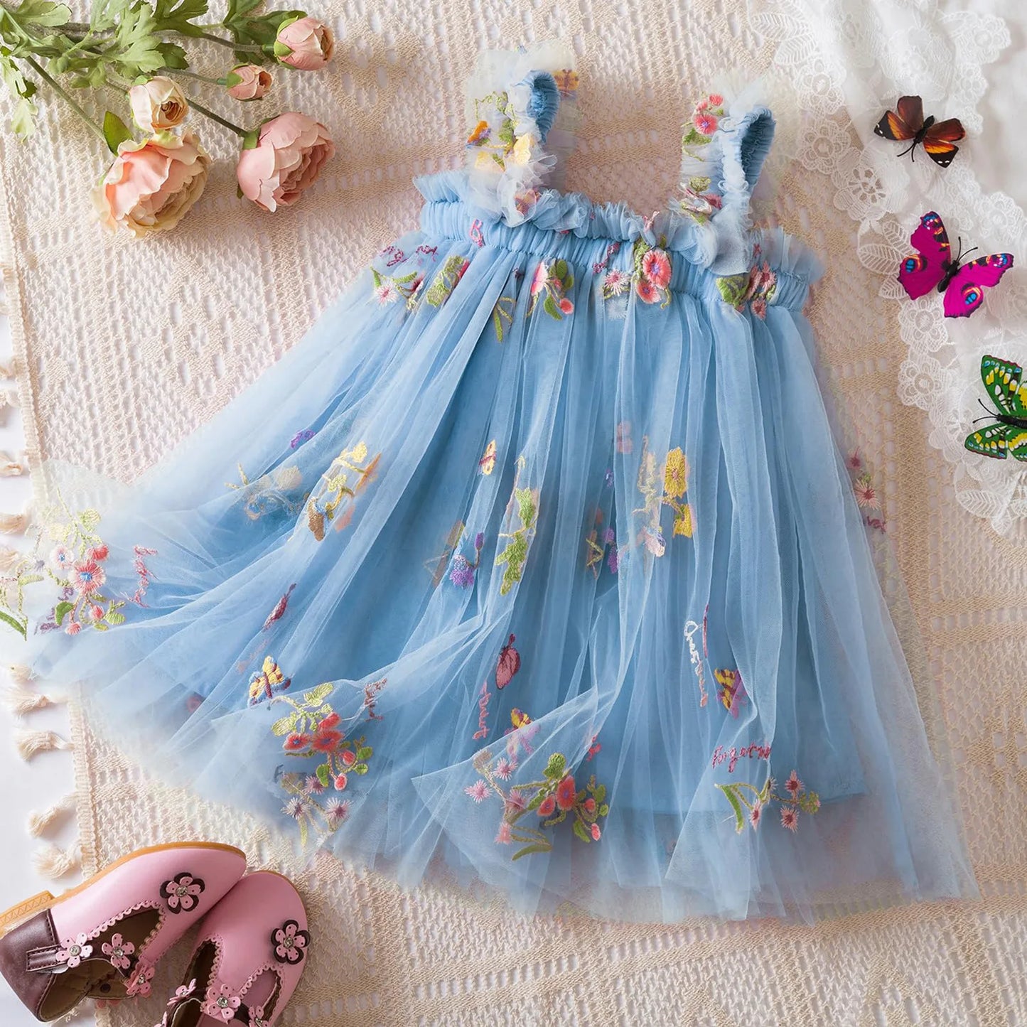 Baby Girl Floral Tulle Dress | Embroidered Princess Party Dress for Toddler