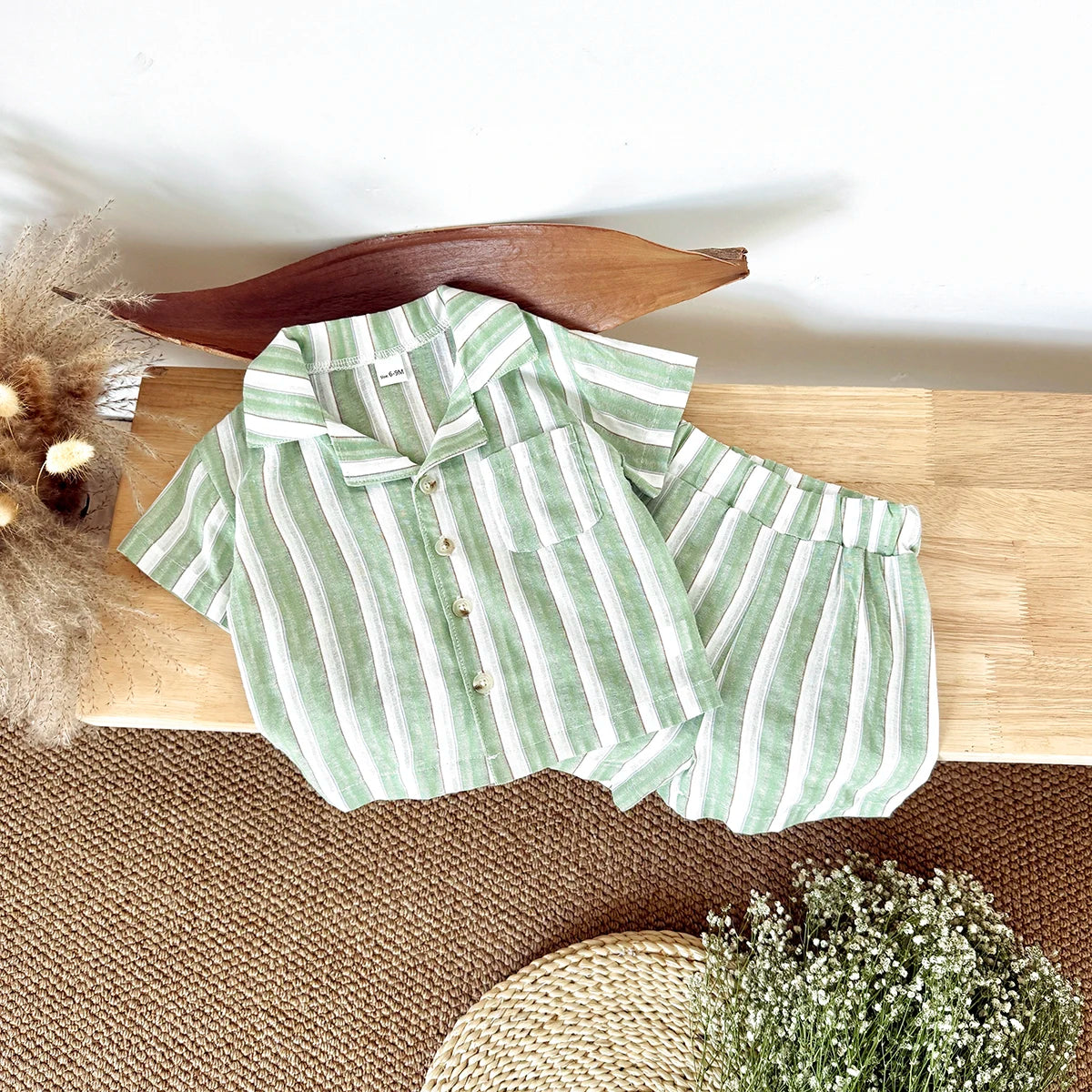 Baby Boy Summer Outfit Set Green Striped Shirt & Shorts | Toddler Vacation Clothes