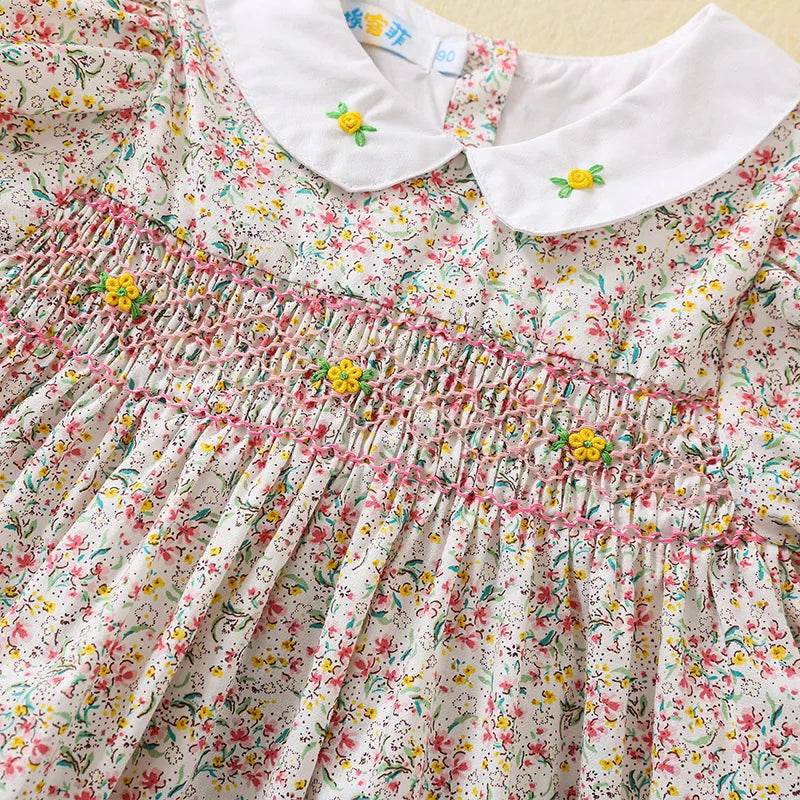Baby Girl Floral Smocked Dress | Short Sleeve Peter Pan Collar Dress