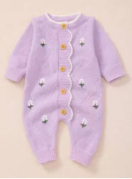 Baby Girl Knitted Jumpsuit | Floral Embroidery Footed Outfit