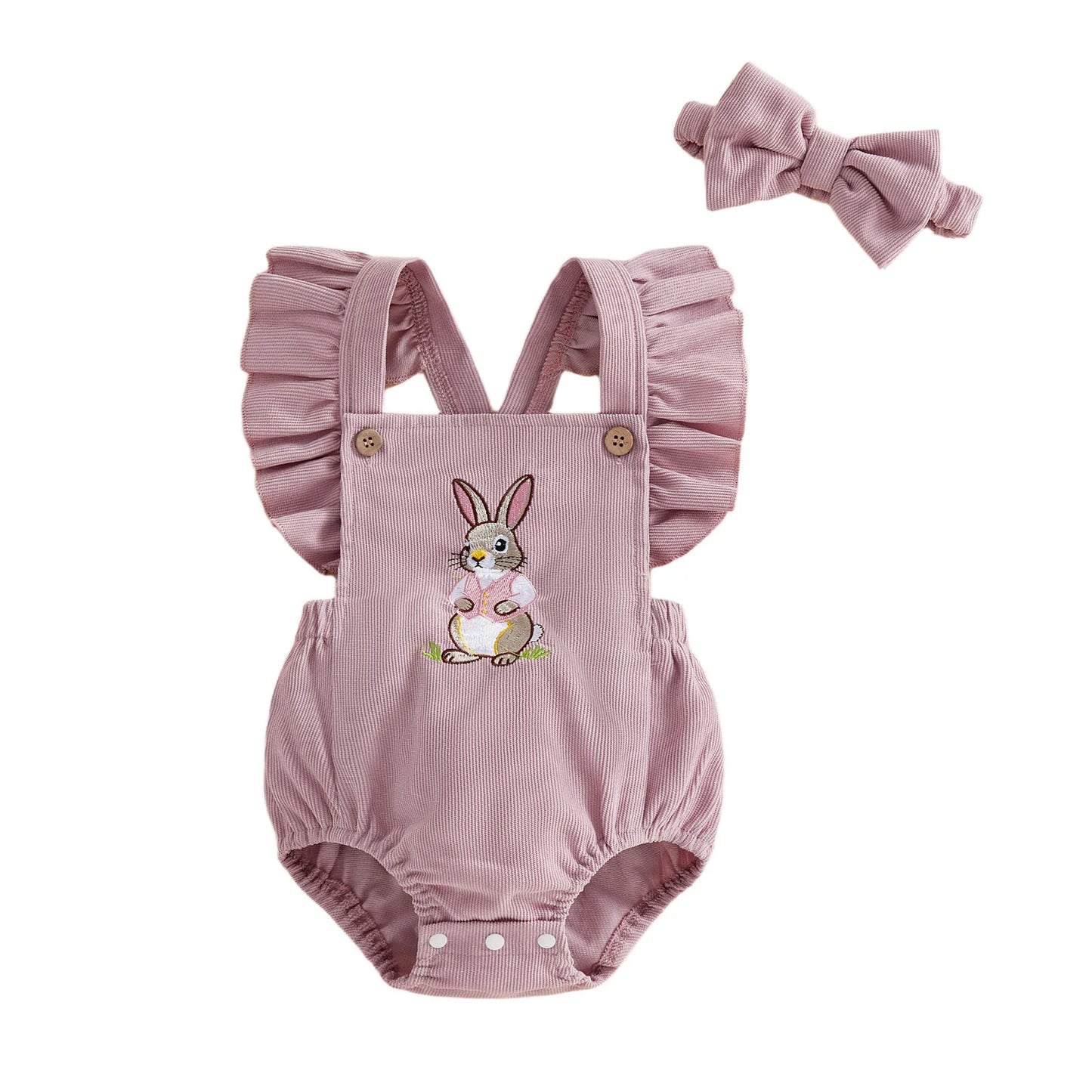 Pink baby romper with bunny design and matching headband on a white background