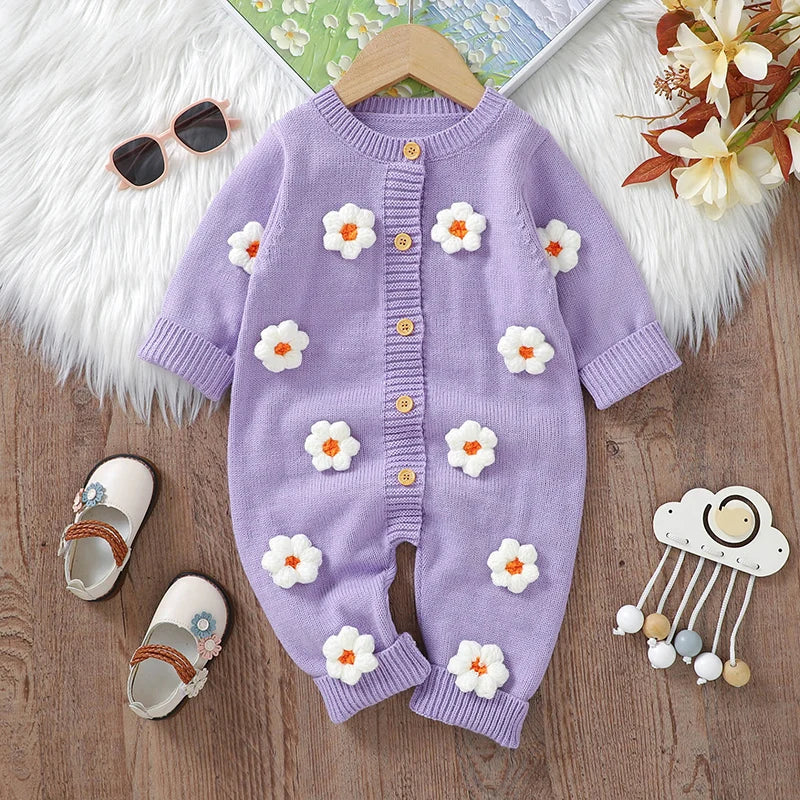 Baby Knit daisy Floral Romper | Soft Long Sleeve Newborn Outfit
