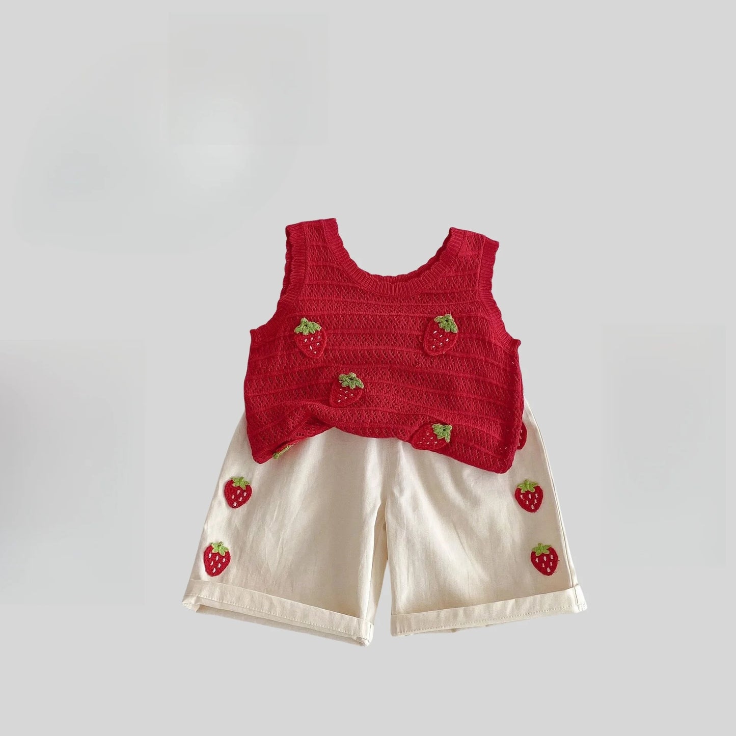 Toddler Strawberry Outfit Set | Knit Top & Shorts Summer Baby Clothes