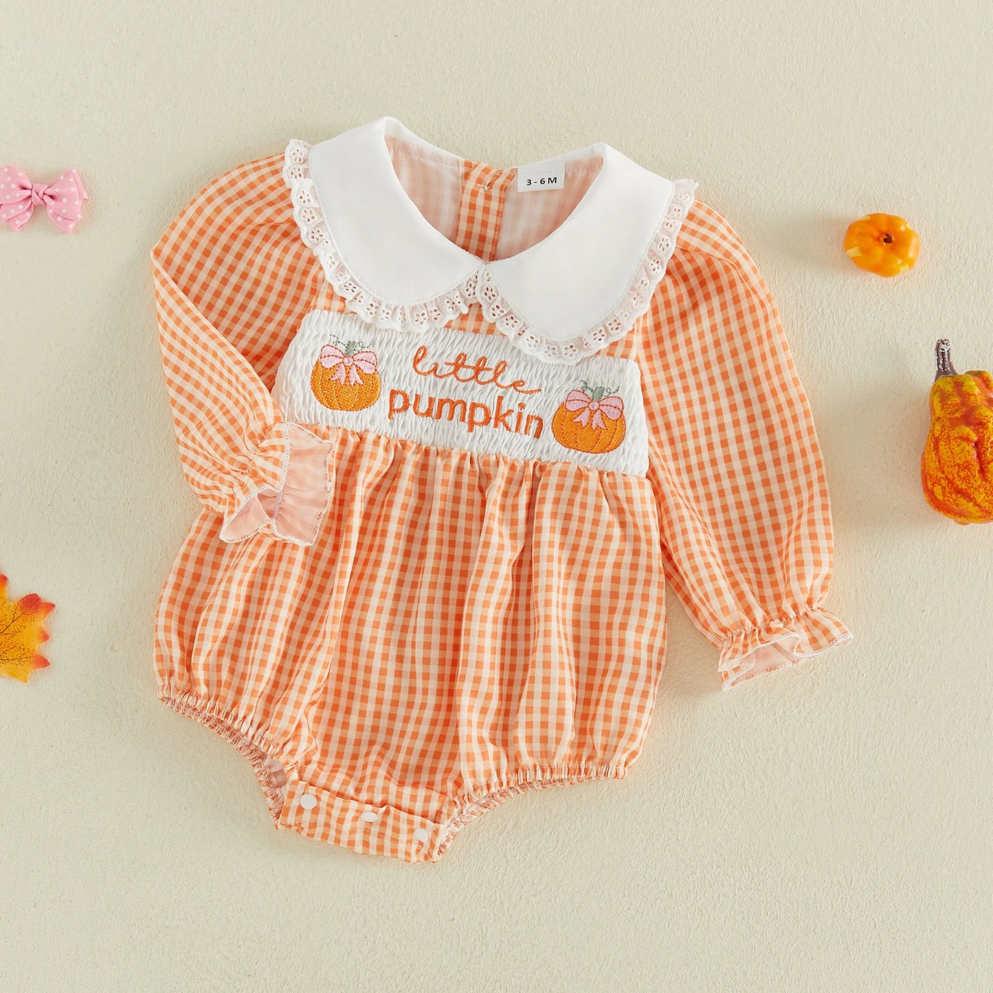 Little Pumpkin Smocked Baby Romper | Orange Gingham Fall Outfit