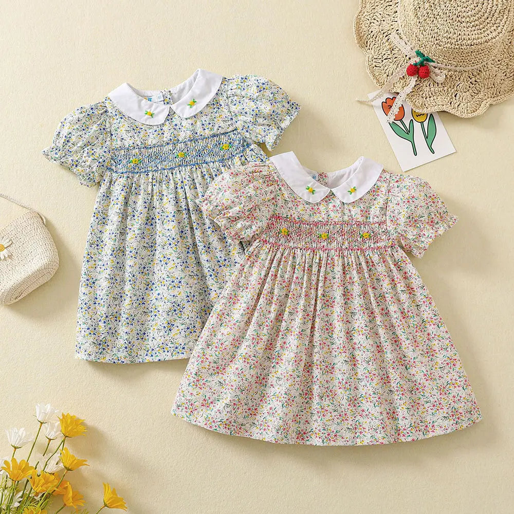Baby Girl Floral Smocked Dress | Short Sleeve Peter Pan Collar Dress
