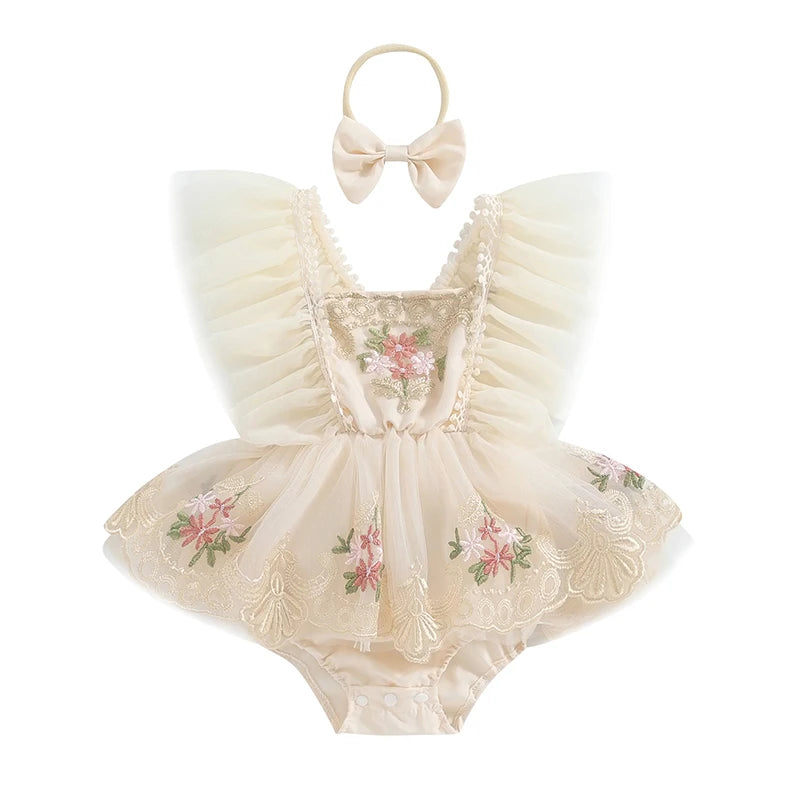 Baby Girl Tulle Lace Romper Dress | Floral Embroidered Princess Outfit with Headband (0–24 Months)