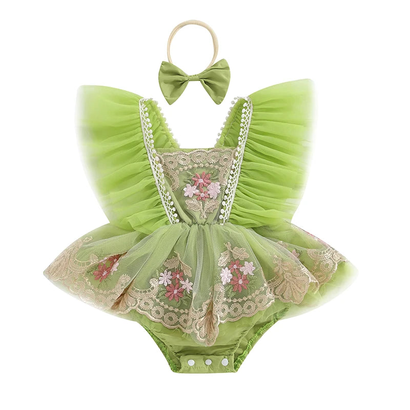 Baby Girl Tulle Lace Romper Dress | Floral Embroidered Princess Outfit with Headband (0–24 Months)