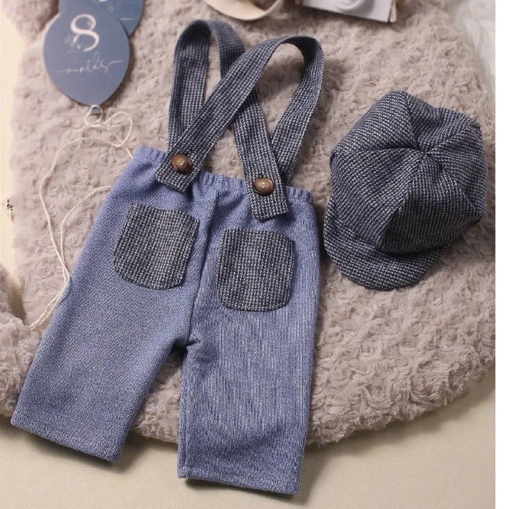 Baby Boy Vintage Suspender Pants & Newsboy Cap Set – Herringbone Gentleman Outfit