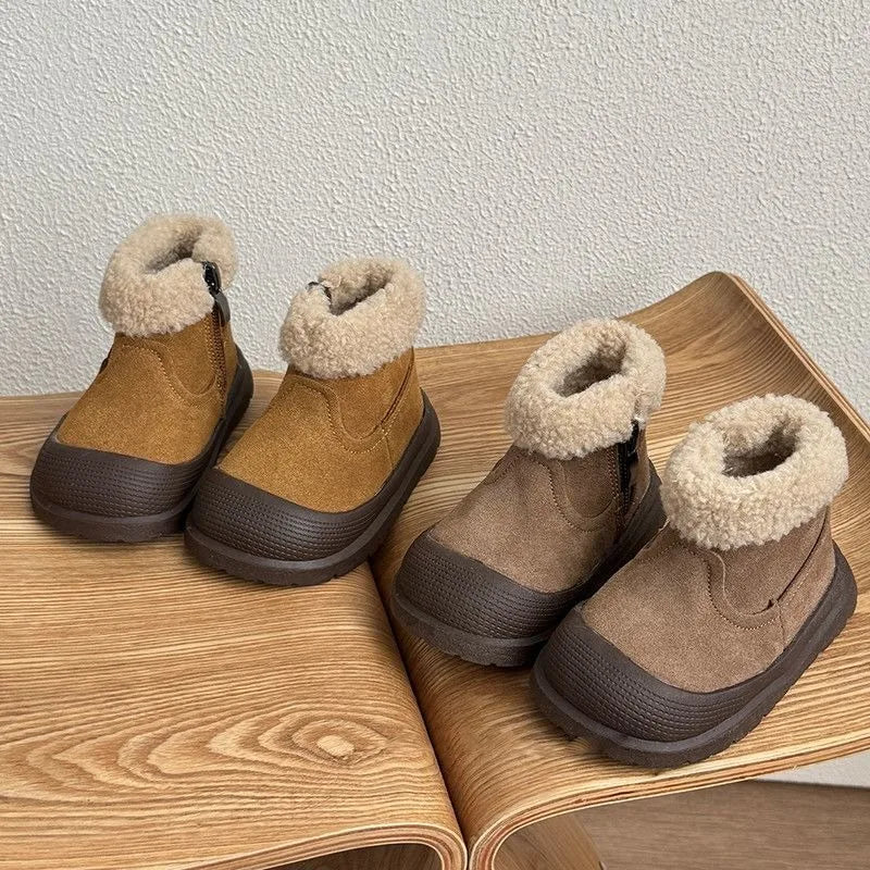 Brown baby winter ankle boots with beige plush fleece lining and dark textured soles