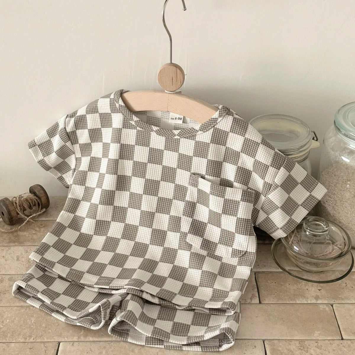 Toddler Checkered Outfit Set | Neutral Baby Summer T-Shirt & Shorts Set