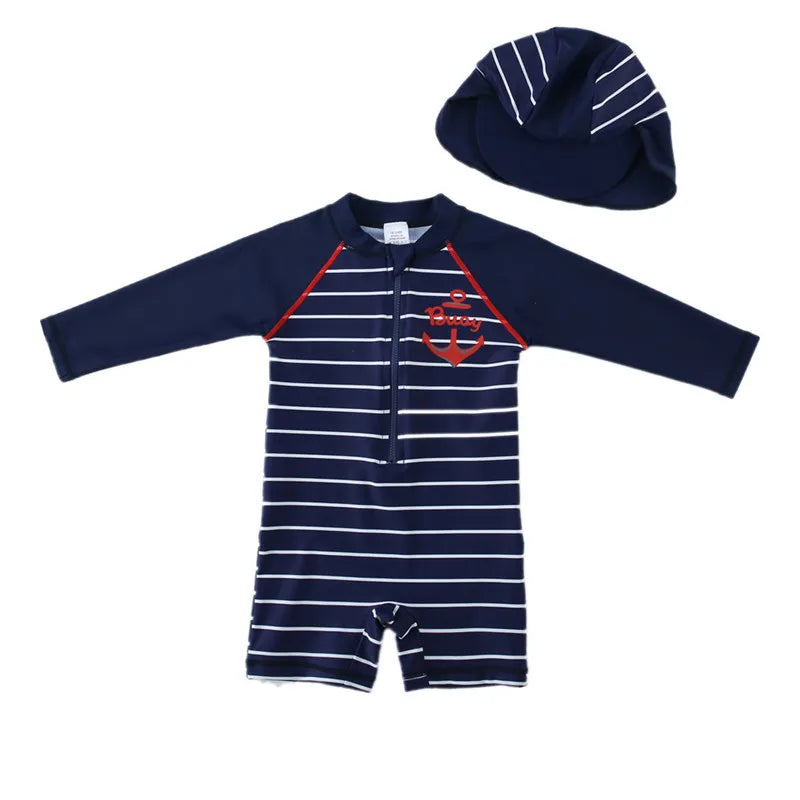 Baby Boy Swimsuit With Hat | UPF50+ Sun Protection Swimwear | Long Sleeve Beach & Pool Outfit