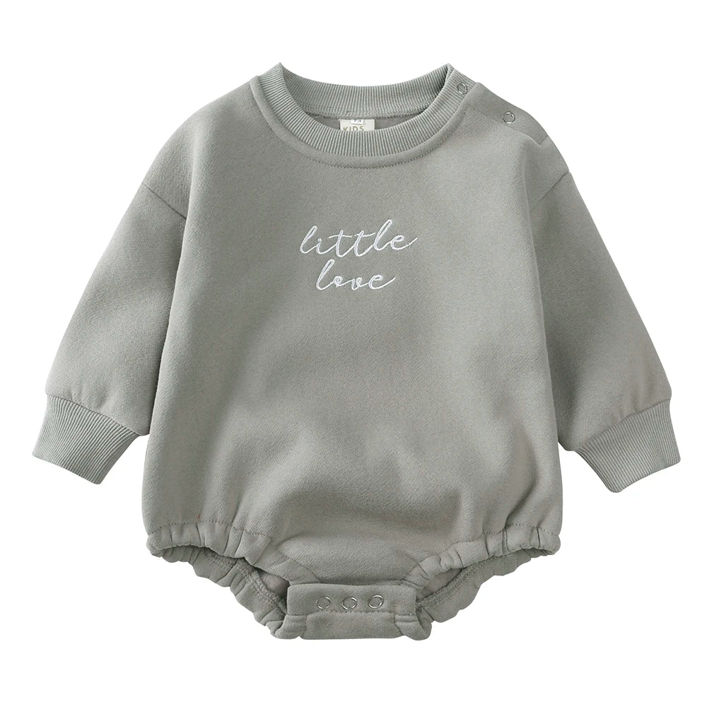 Little Love Embroidered Baby Romper Sweater Romper | Cozy Long Sleeve Onesie | Neutral Baby Outfit | White Sage Brown Grey | Baby Shower Gift