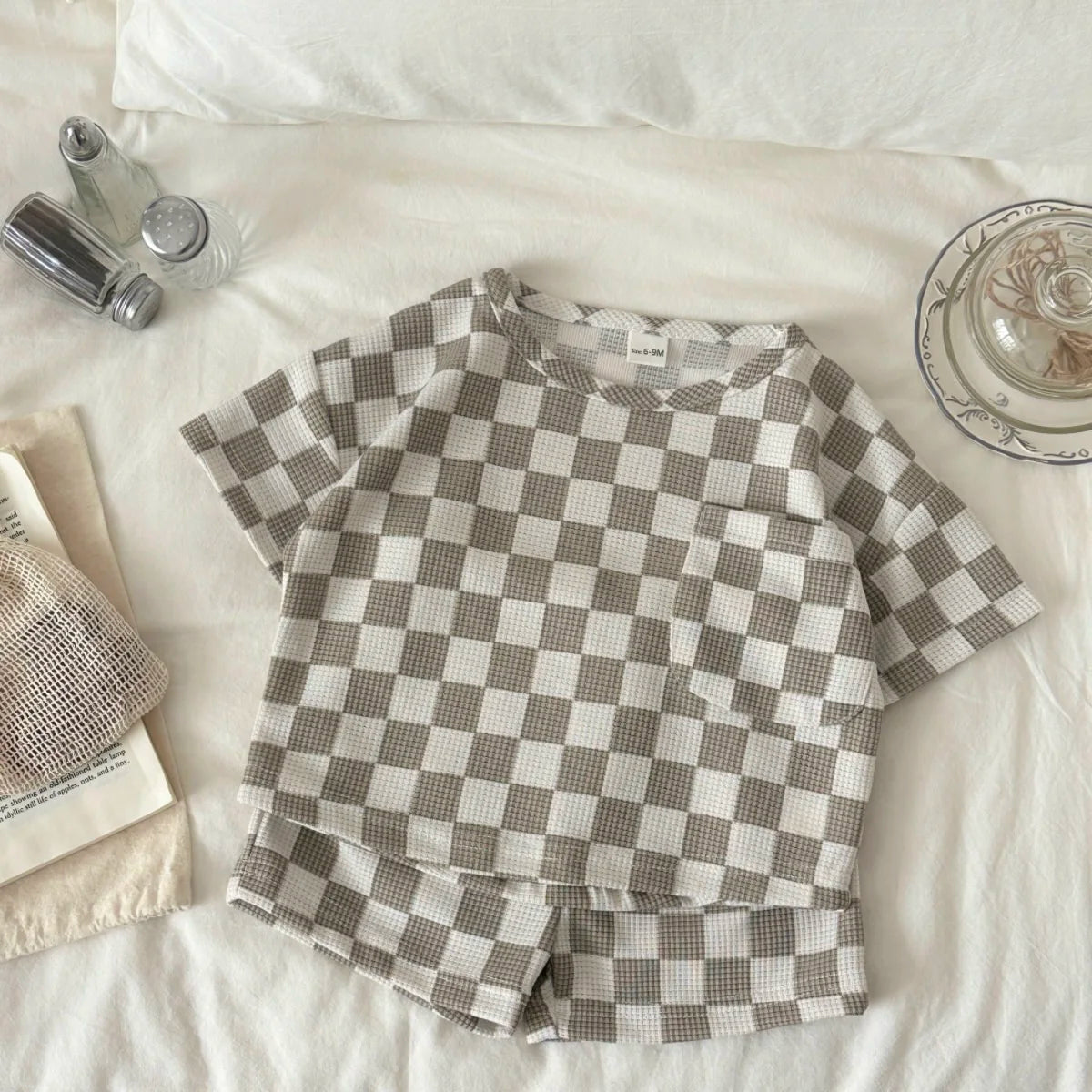 Toddler Checkered Outfit Set | Neutral Baby Summer T-Shirt & Shorts Set