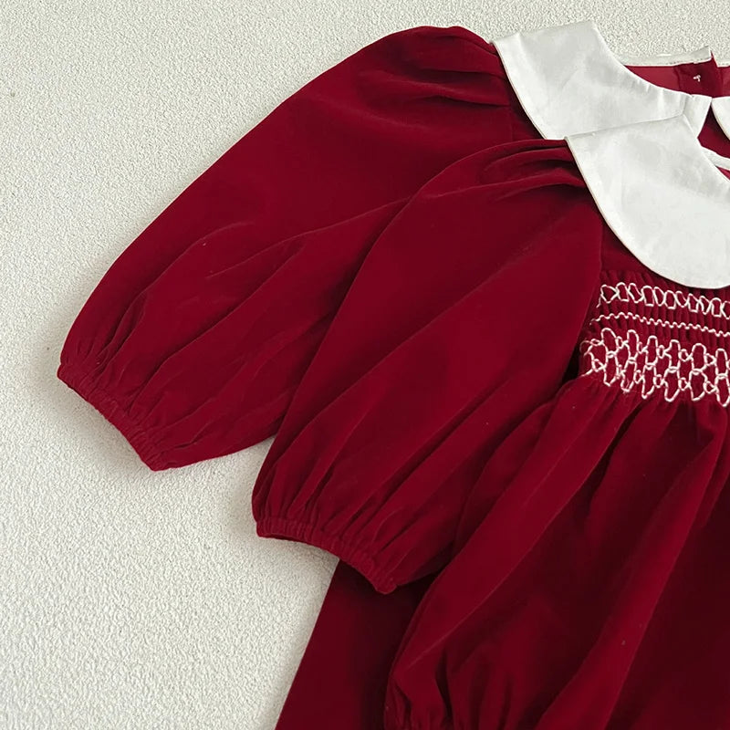 Vintage Red Velvet Baby Romper with White Collar – Holiday Baby Outfit | MGK & Co