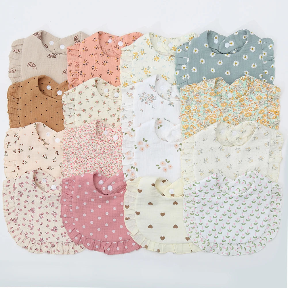 Ruffle Edge Baby Bib – Adjustable Snap Muslin Cotton Bib for Girls