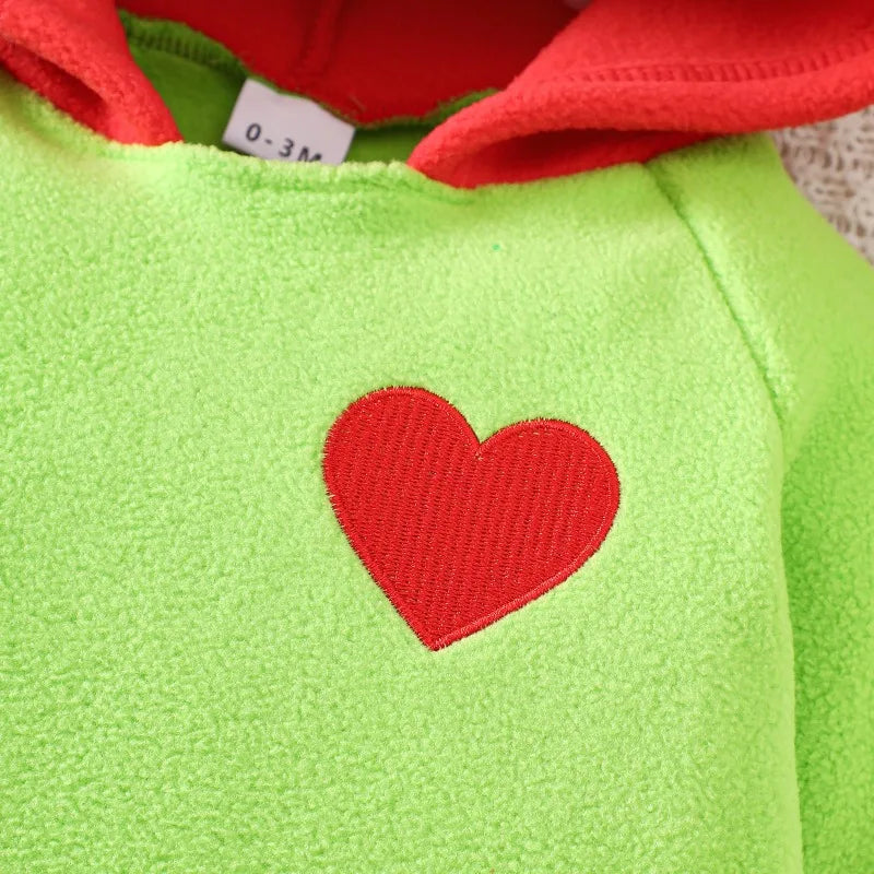 Newborn Infant Baby Boys Girls Christmas Romper Green Fleece Jumpsuit With Red Hood And Heart Warm Outfit 0 24M