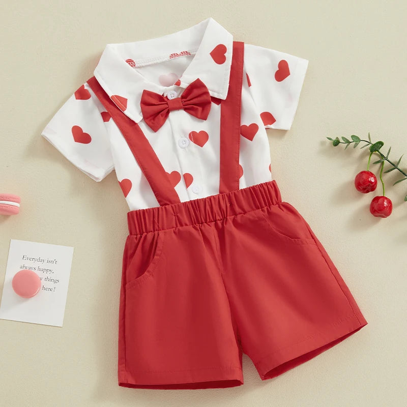 Valentine Baby Boy Outfit Heart Print Bodysuit with Red Bow Tie and Suspender Shorts