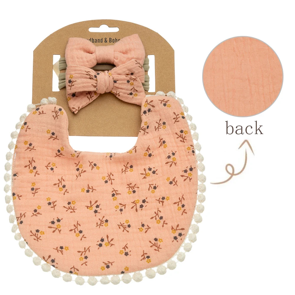 3-Piece Baby Bib & Bow Set – Reversible Cotton Bib with 2 Matching Headbands