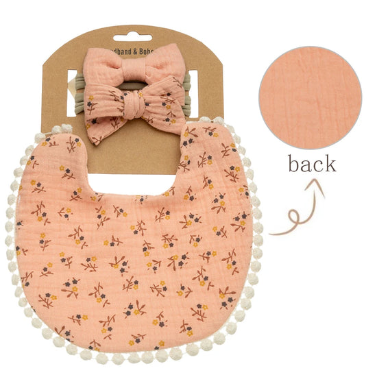 3-Piece Baby Bib & Bow Set – Reversible Cotton Bib with 2 Matching Headbands