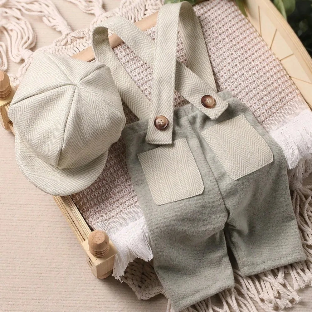 Baby Boy Vintage Suspender Pants & Newsboy Cap Set – Herringbone Gentleman Outfit