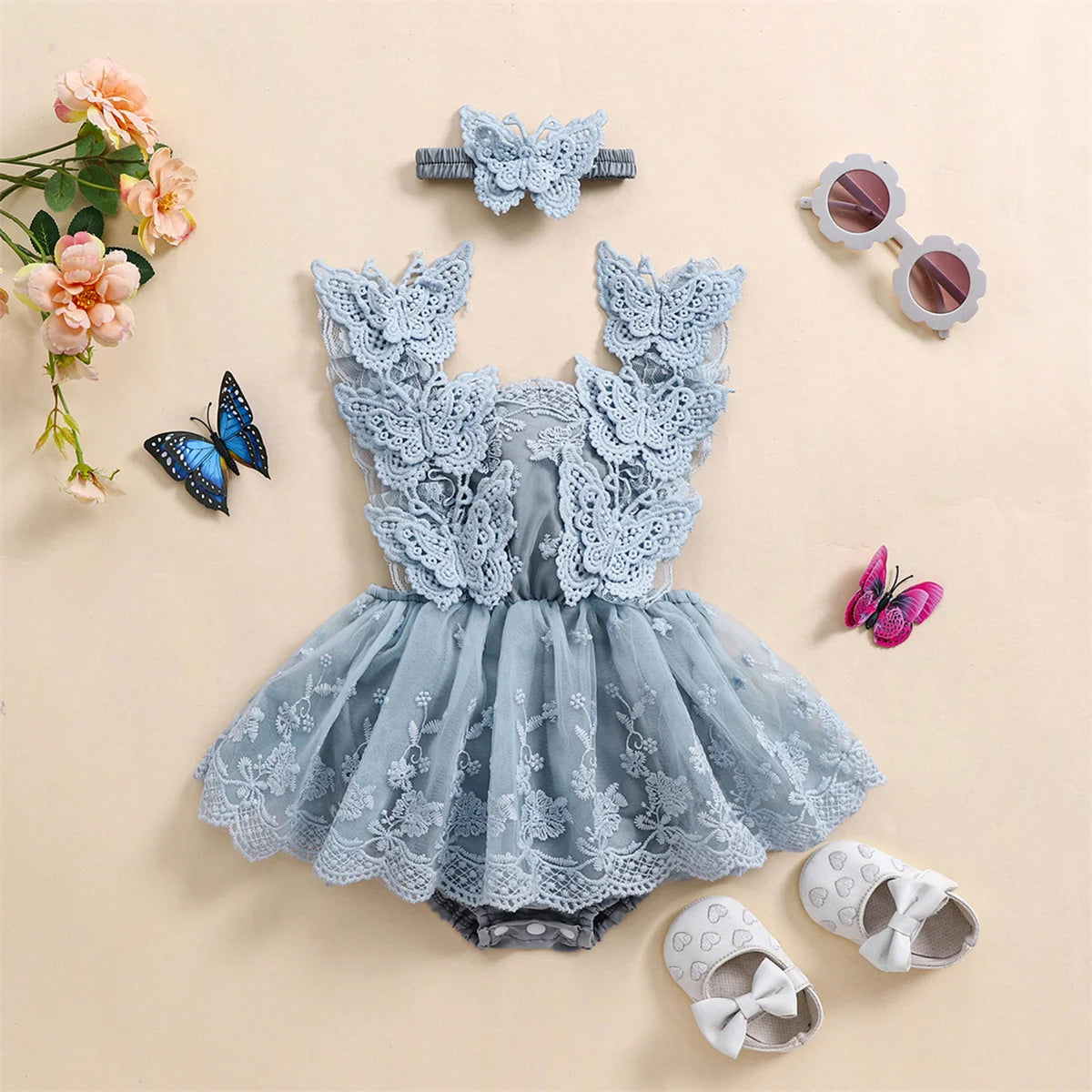 Baby Girl Butterfly Lace Romper & Headband Set