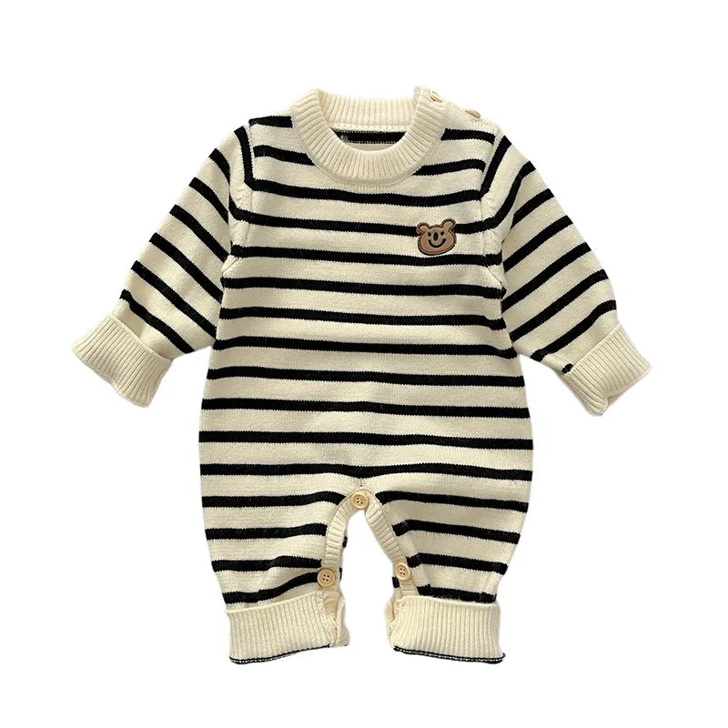 Baby striped embroidered teddy bear jumpsuit