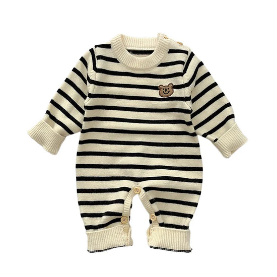 Baby striped embroidered teddy bear jumpsuit