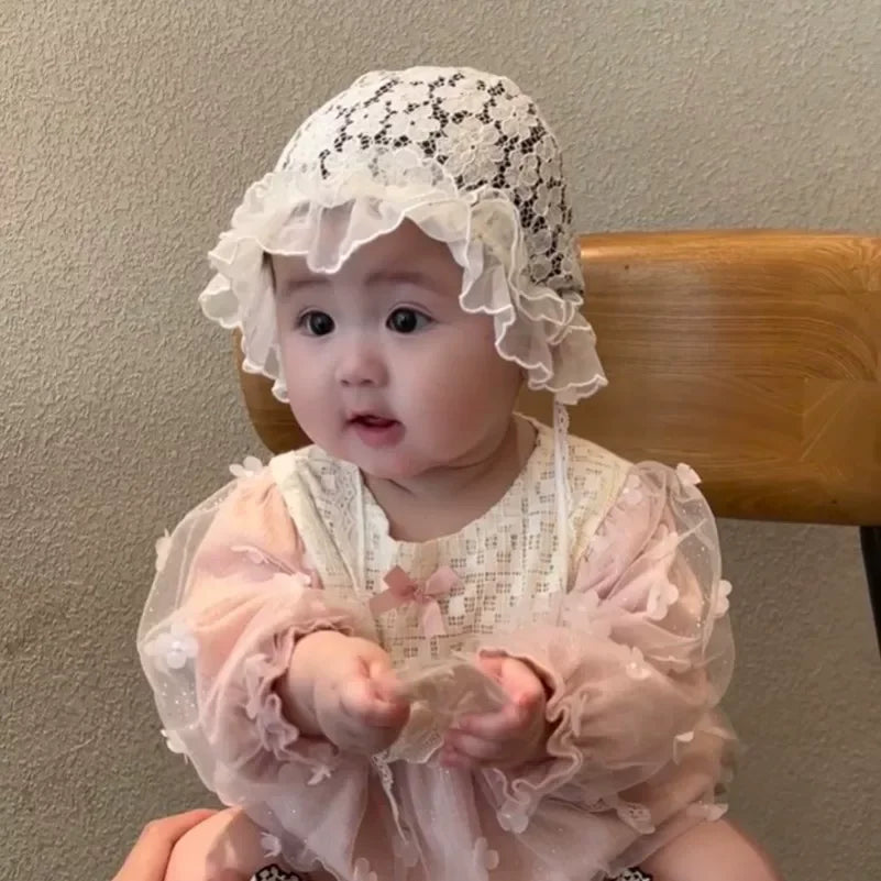 Baby Girl Lace Bonnet | White Ruffle Newborn Photo Hat