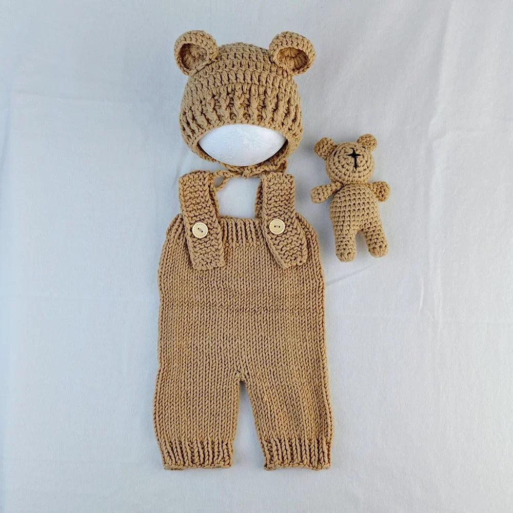 3pcs Newborn Photography Outfit | Knit Romper, Bear Hat & Teddy Set