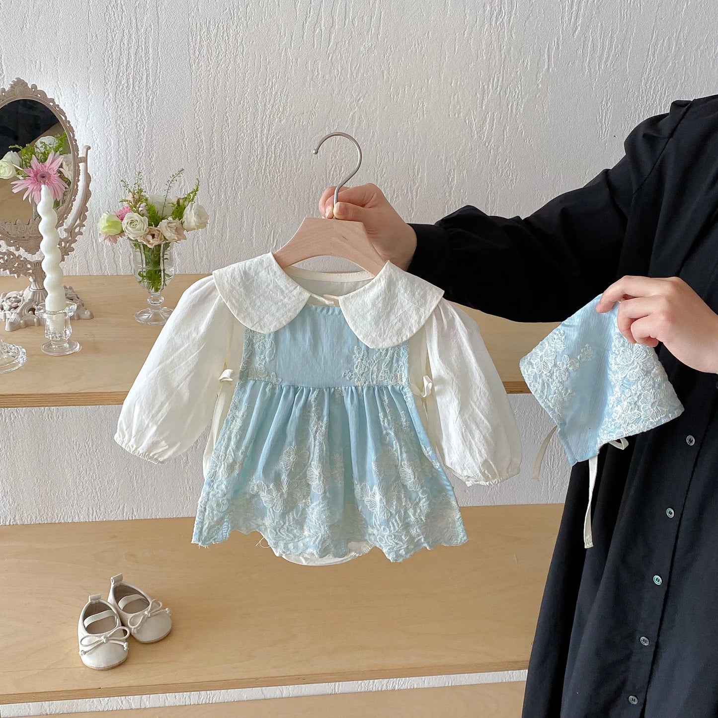 Baby Girl Light Blue Lace Romper Set | Newborn Vintage Outfit
