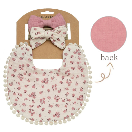 3-Piece Baby Bib & Bow Set – Reversible Cotton Bib with 2 Matching Headbands