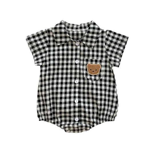 Summer Short Sleeve Plaid Embroidery Bear Outfits