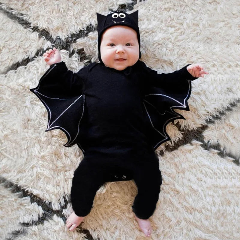 Baby bat Halloween costume romper with bat wings and matching ear hat for first Halloween