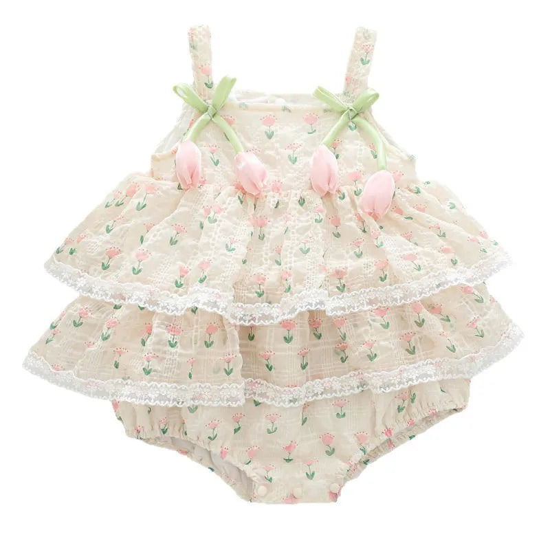 Baby Girl Floral Lace Romper Dress | Tulip Embroidered Ruffle Outfit with Straps (0–24 Months)