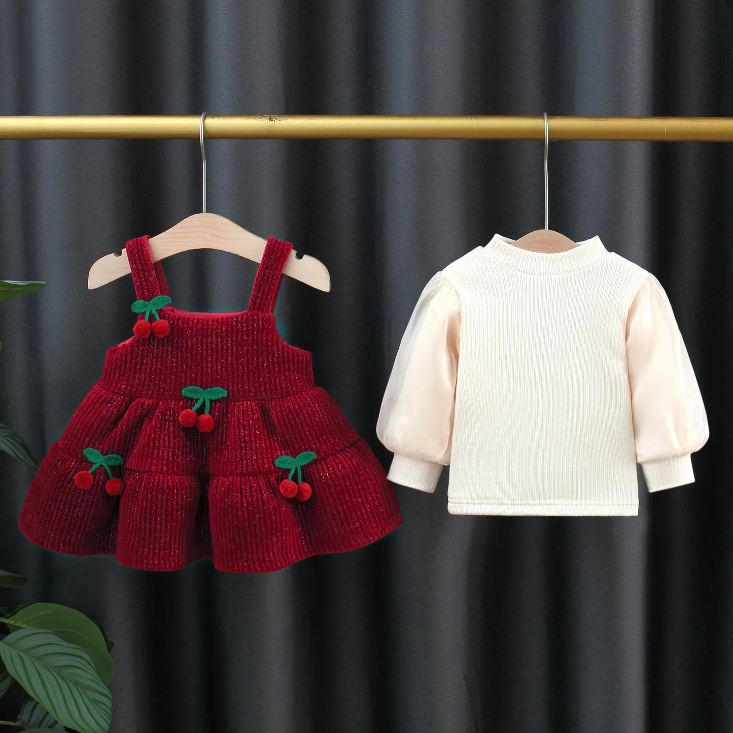 Baby Girl Winter Outfit | Cherry Velvet Dress & Sweater Set