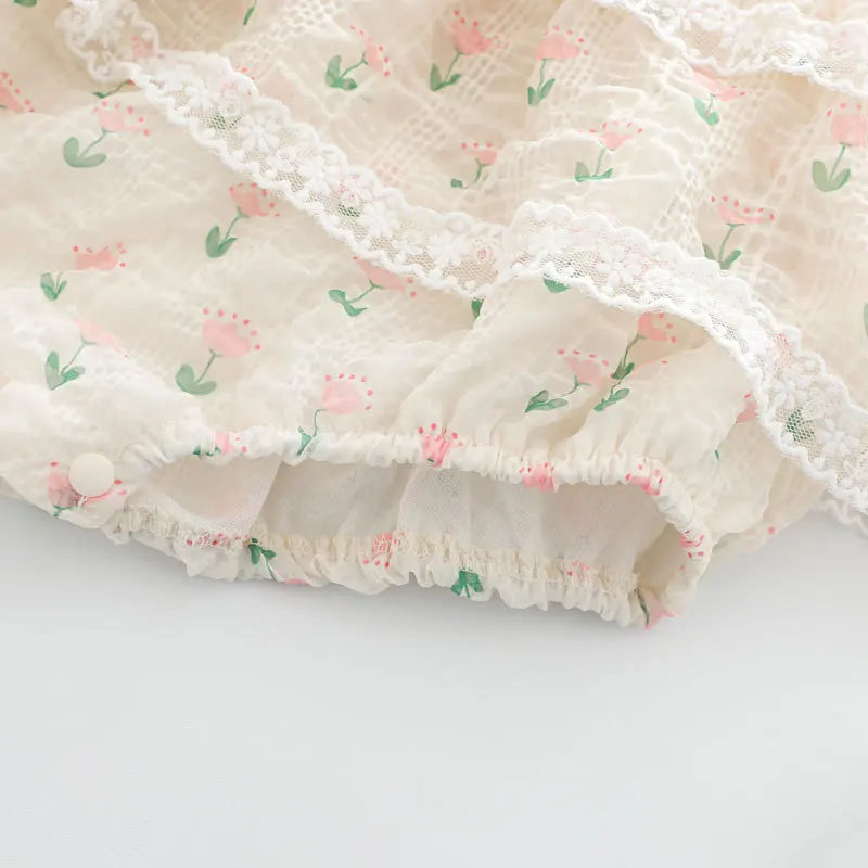 Baby Girl Floral Lace Romper Dress | Tulip Embroidered Ruffle Outfit with Straps (0–24 Months)