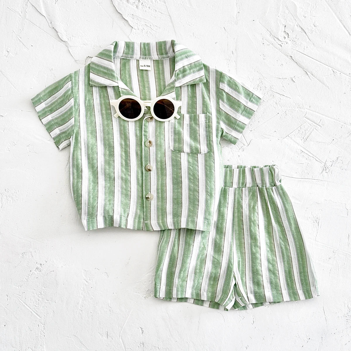Baby Boy Summer Outfit Set Green Striped Shirt & Shorts | Toddler Vacation Clothes
