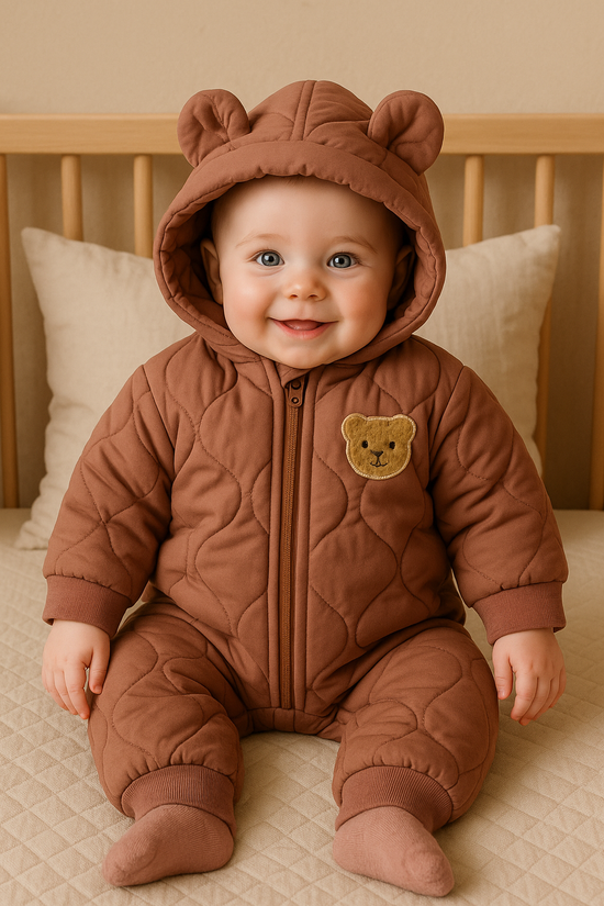 Winter Baby Bear Romper – Cozy Hooded Jumpsuit with Ears (Green, Brown & White)
