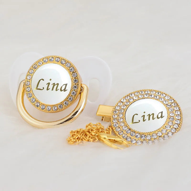 MIYOCAR Personalized any name gold white bling pacifier and pacifier clip BPA free dummy bling unique design PWG