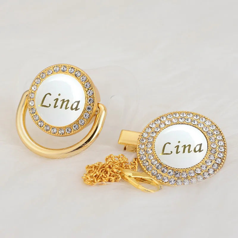MIYOCAR Personalized any name gold white bling pacifier and pacifier clip BPA free dummy bling unique design PWG