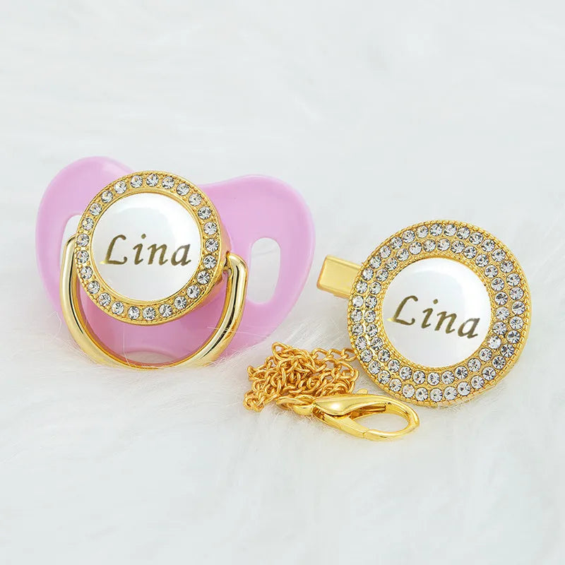 MIYOCAR Personalized any name gold white bling pacifier and pacifier clip BPA free dummy bling unique design PWG