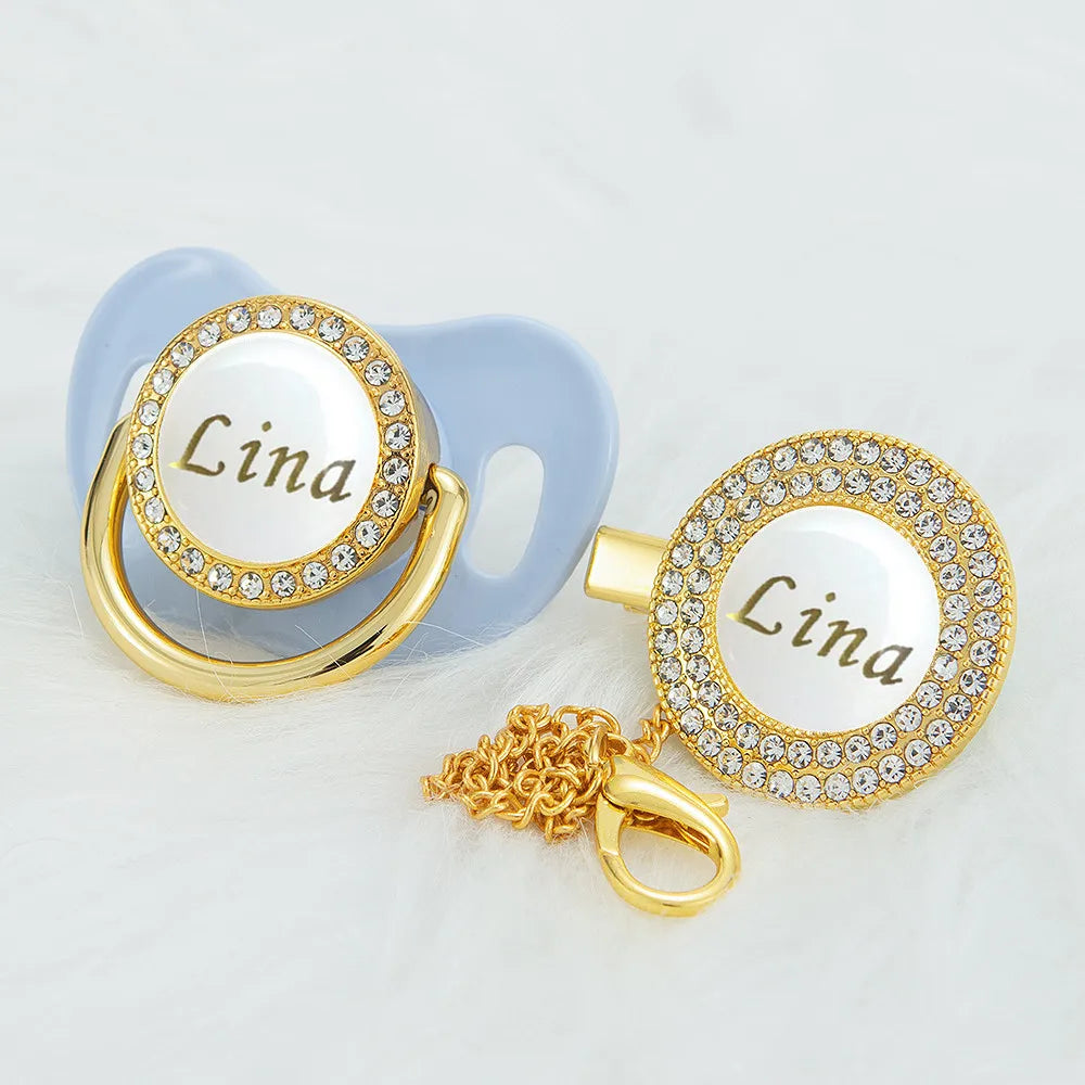 MIYOCAR Personalized any name gold white bling pacifier and pacifier clip BPA free dummy bling unique design PWG
