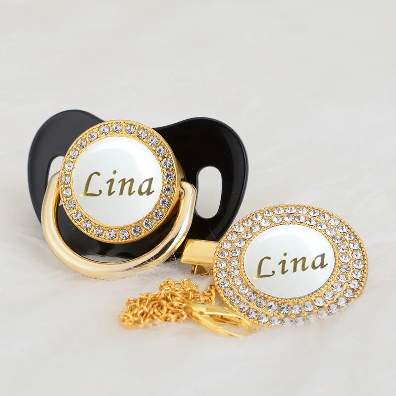 MIYOCAR Personalized any name gold white bling pacifier and pacifier clip BPA free dummy bling unique design PWG