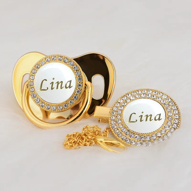 MIYOCAR Personalized any name gold white bling pacifier and pacifier clip BPA free dummy bling unique design PWG