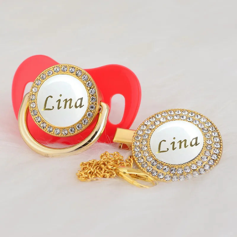 MIYOCAR Personalized any name gold white bling pacifier and pacifier clip BPA free dummy bling unique design PWG