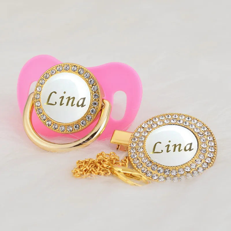 MIYOCAR Personalized any name gold white bling pacifier and pacifier clip BPA free dummy bling unique design PWG