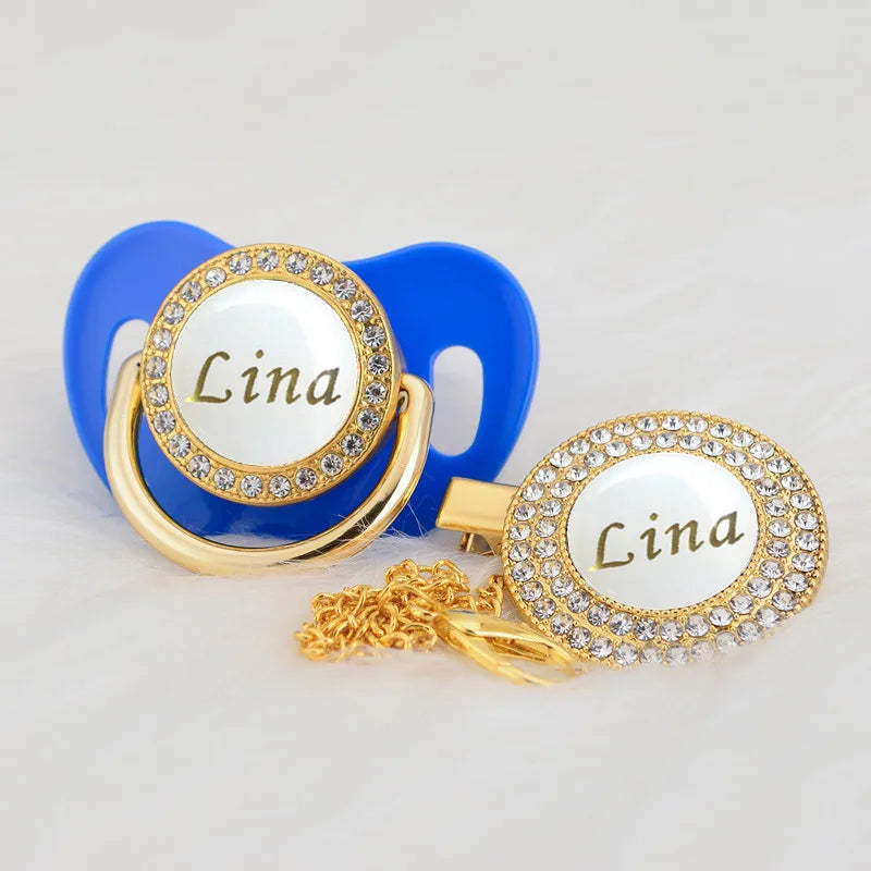 MIYOCAR Personalized any name gold white bling pacifier and pacifier clip BPA free dummy bling unique design PWG