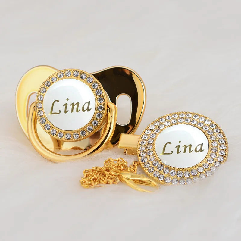 MIYOCAR Personalized any name gold white bling pacifier and pacifier clip BPA free dummy bling unique design PWG