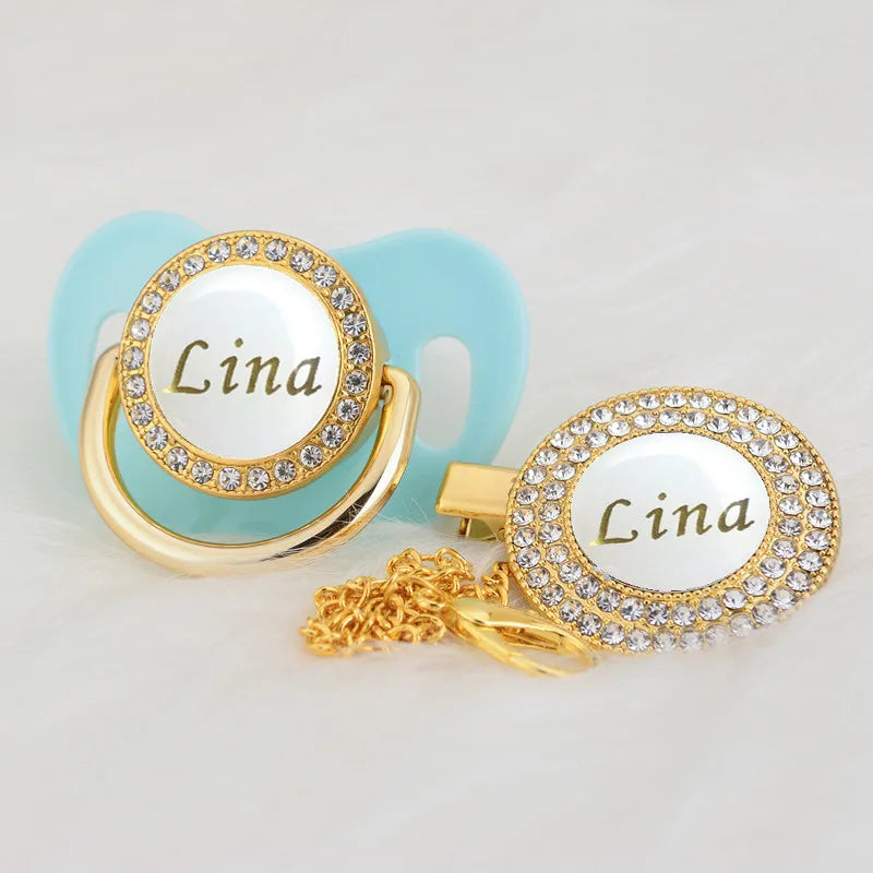 MIYOCAR Personalized any name gold white bling pacifier and pacifier clip BPA free dummy bling unique design PWG